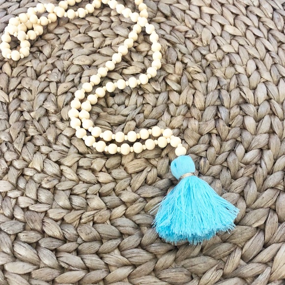 FINAL Price Wooden Turquoise Tassel Necklace - Picture 3 of 4